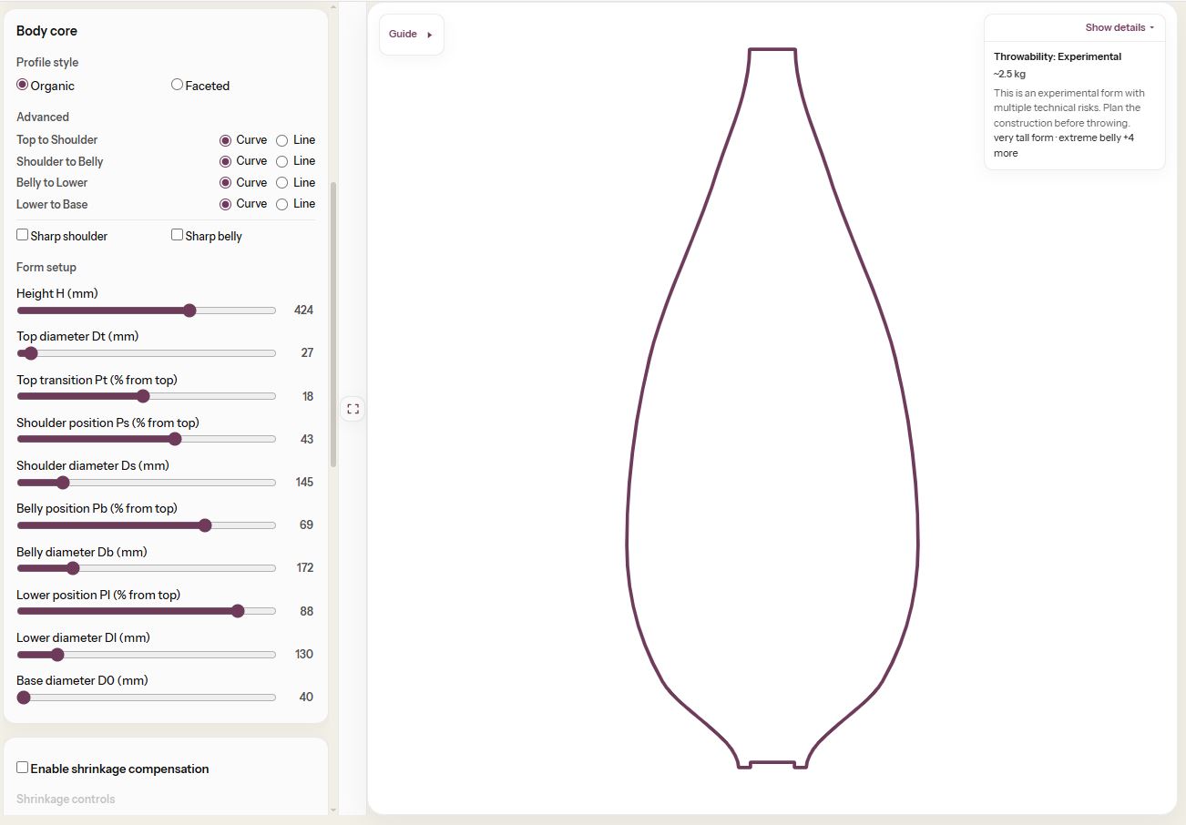 PotterForm Shape Generator showing a pottery profile with dimension controls and practical making guidance.